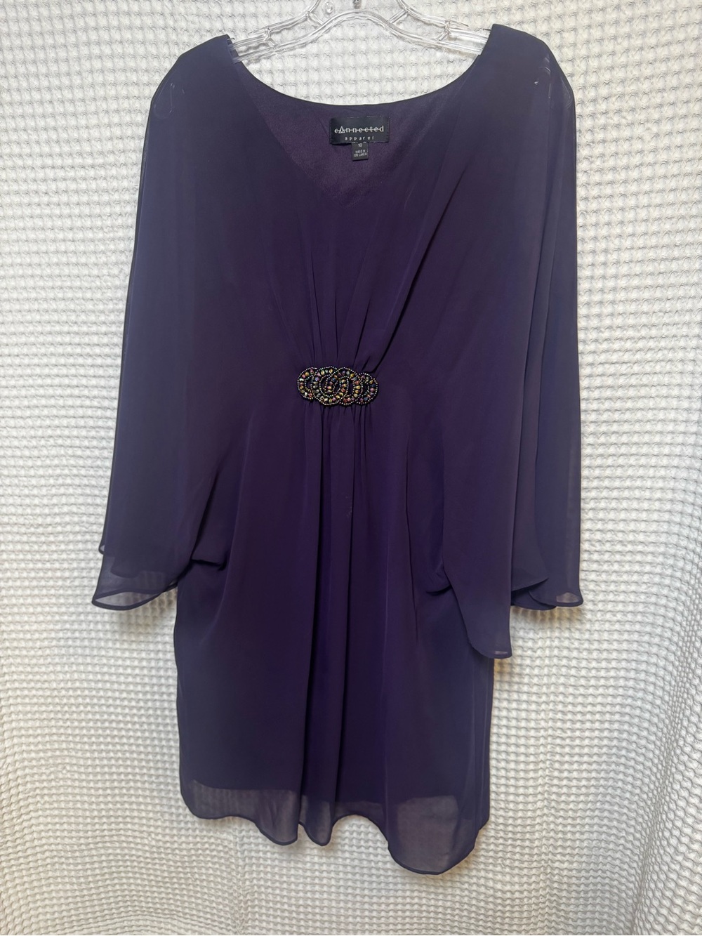 connected apparel Purple Chiffon V-Neck Dress with Beaded Waist, Size 10